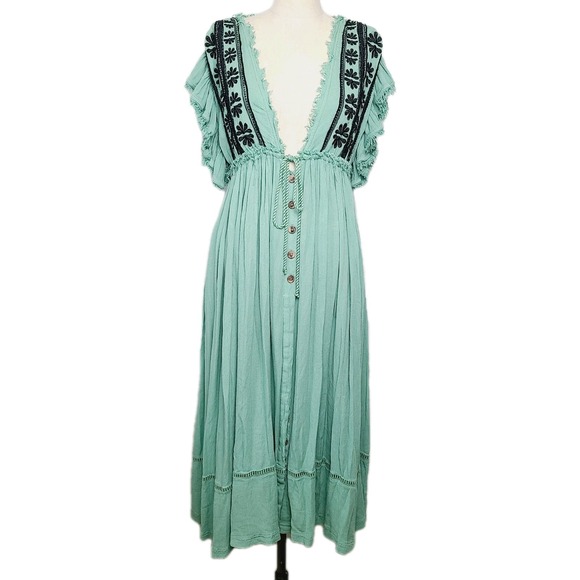 Free People Dresses & Skirts - Free People Will Wait For You Boho Embroidered Midi Dress Green Gauze Flowy XS